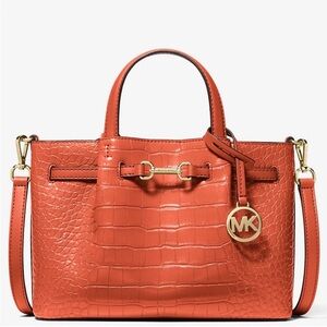 Michael Kors Carson Small Crocodile Embossed Satchel Bag Red Clay
